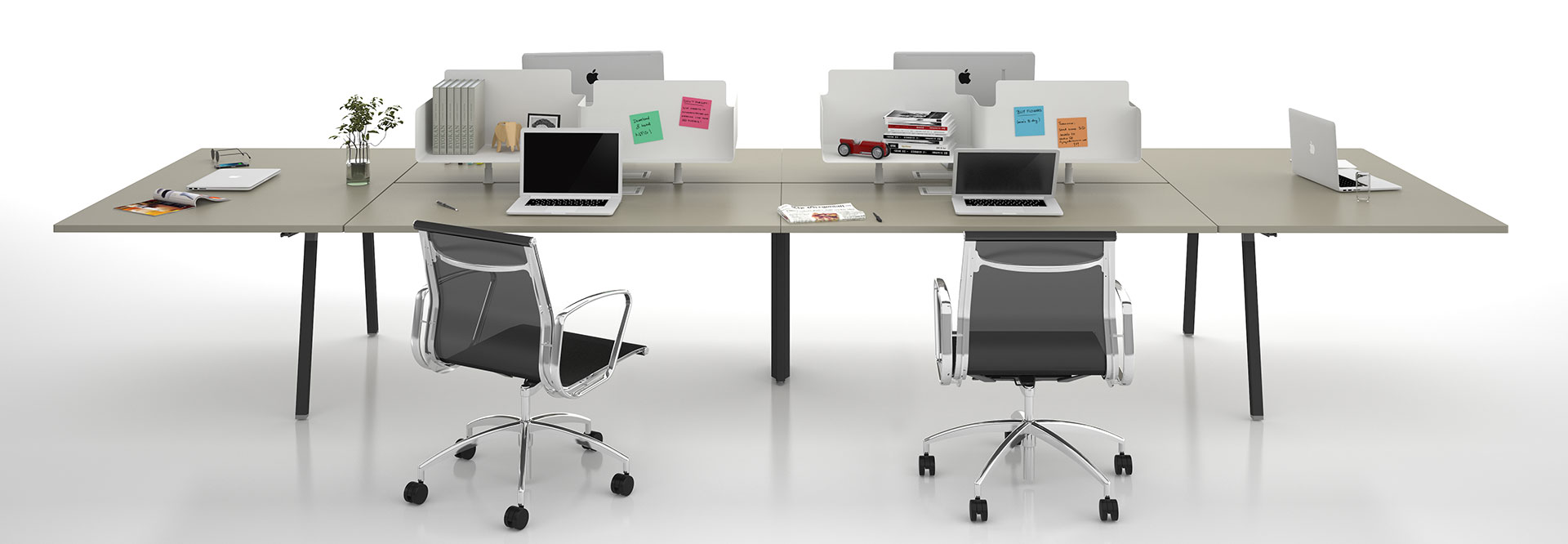 Klug workstation with extended meeting end paired with Como Air chairs