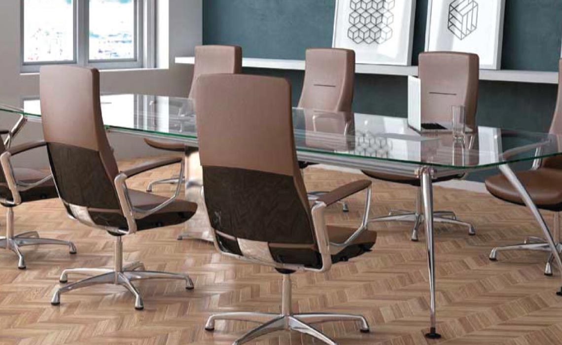 Liven leather office chairs with Como glass meeting table in chrome legs