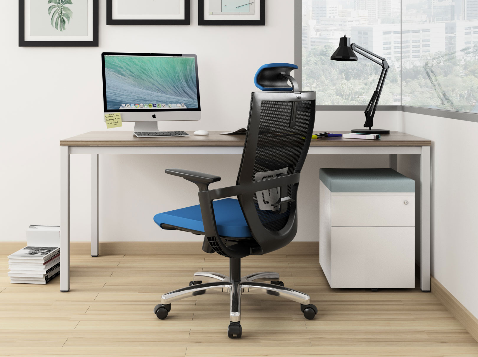 Kaya office chair in chrome crown base with Needs table in a home office
