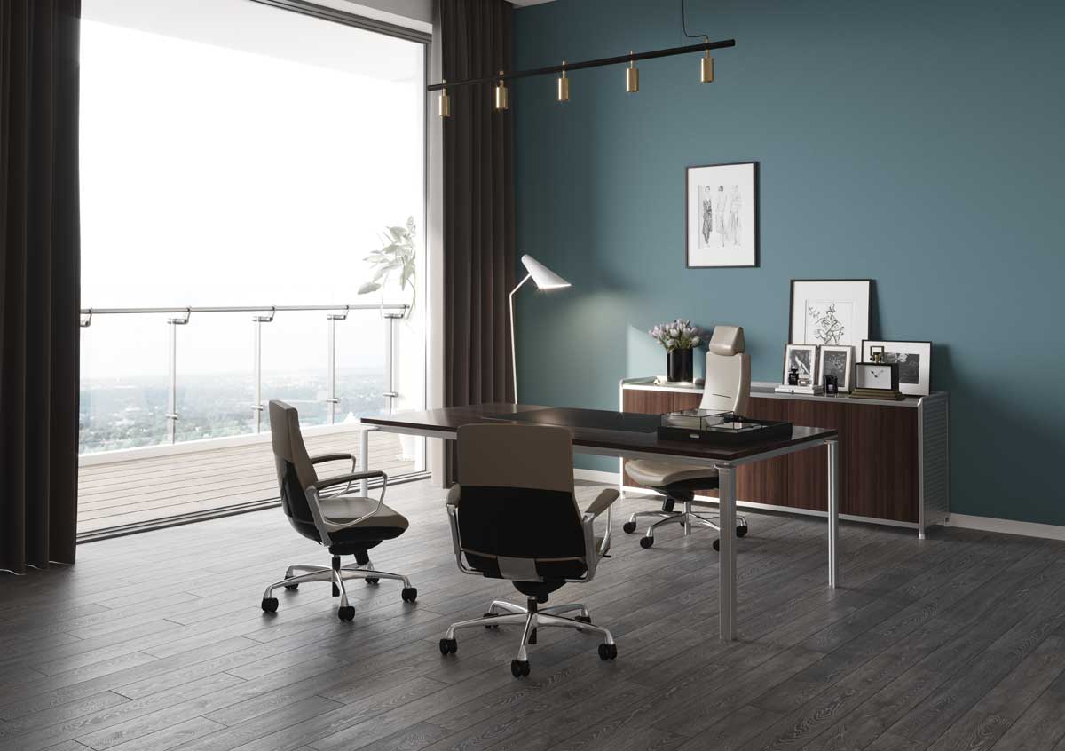 Liven chair in beige leather with the Oseries table in a high rise executive room