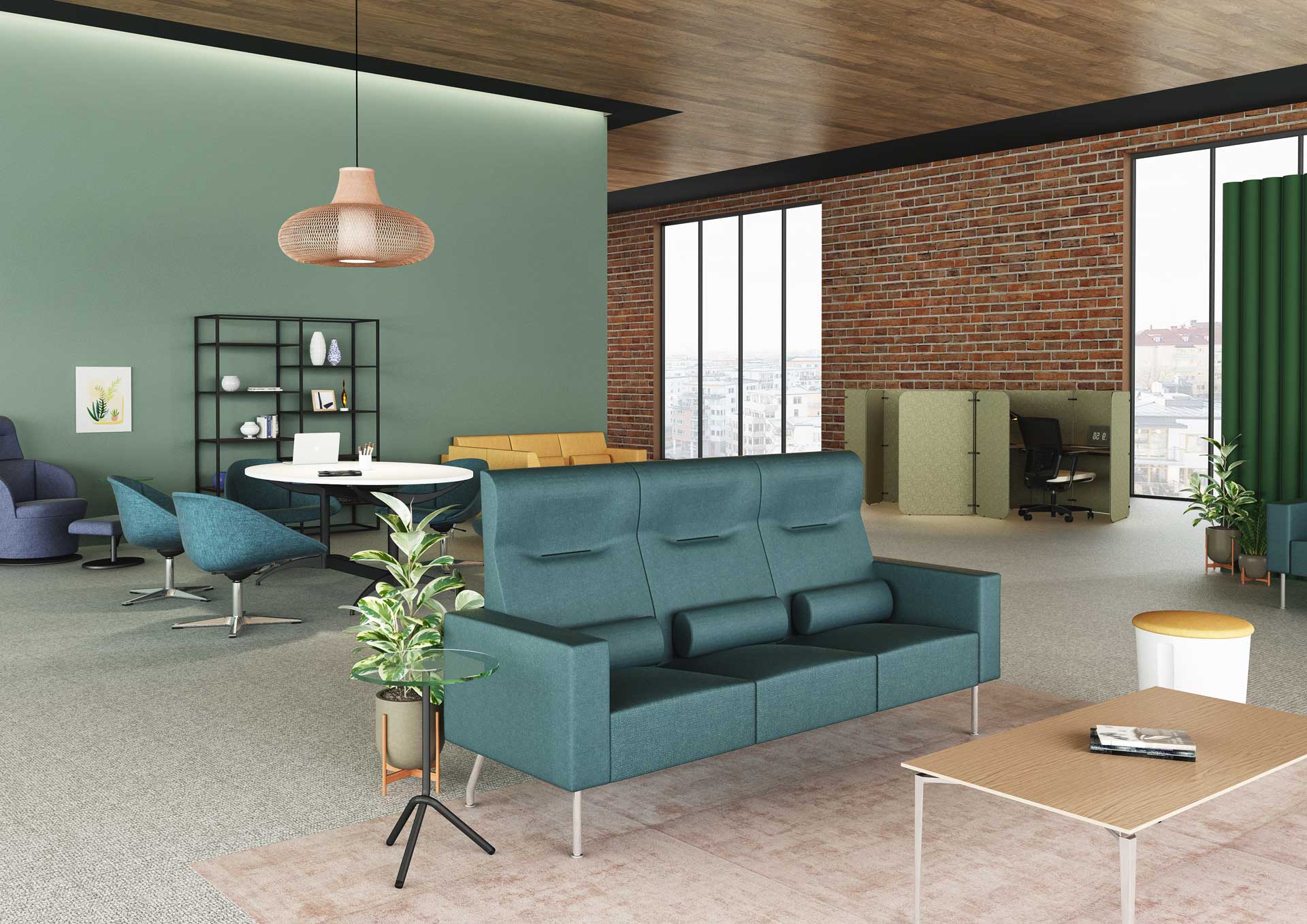 Virtu sv sofa in turquoise fabric in an open space office