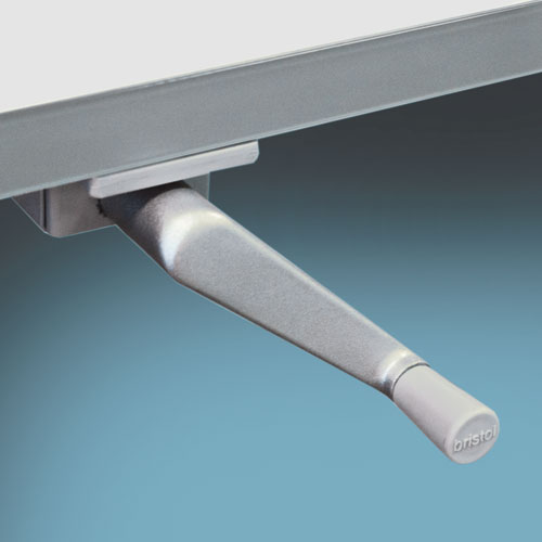 closeup of the handcrank handle of vertigo-R table