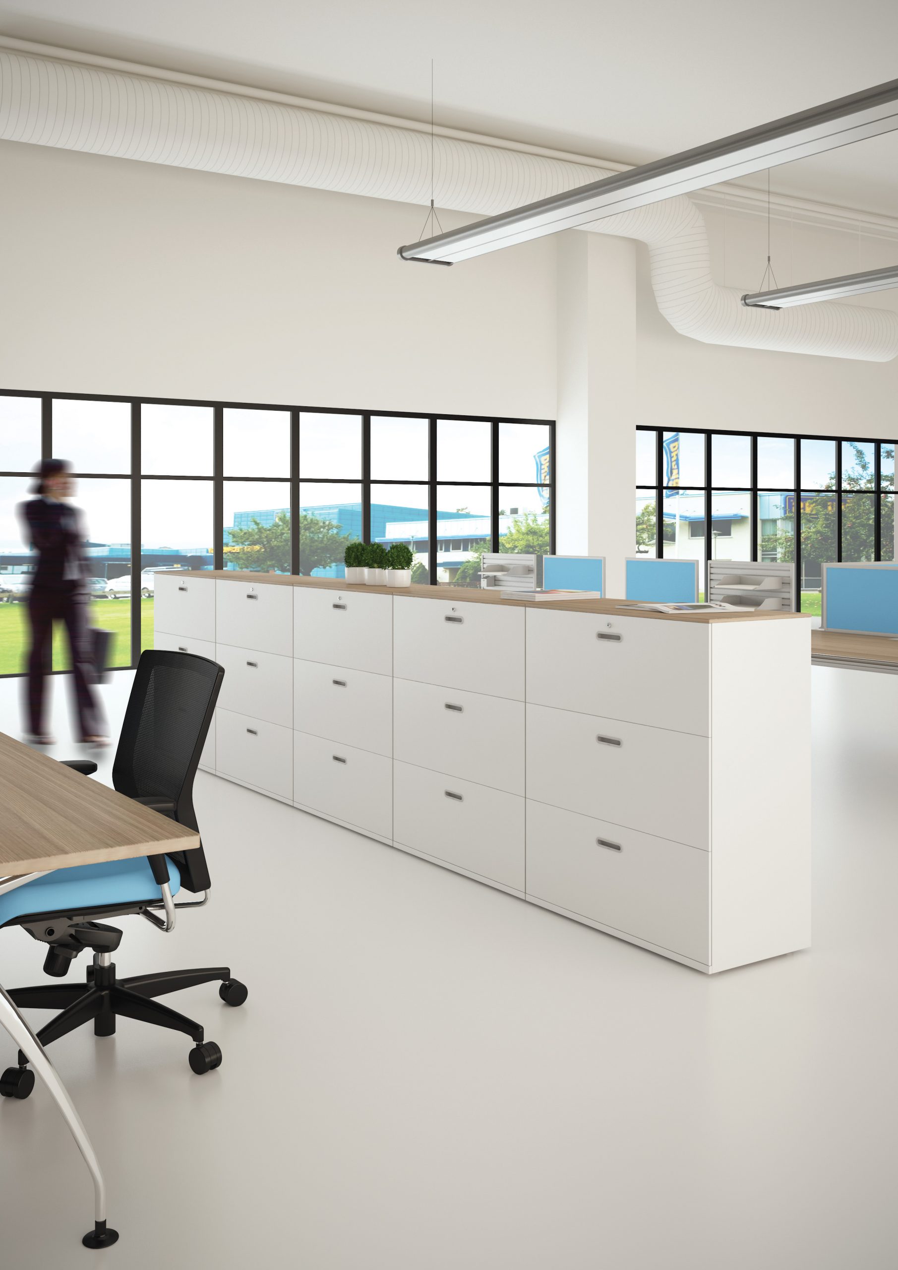 A row of Keep lateral filing cabinets in an open space office