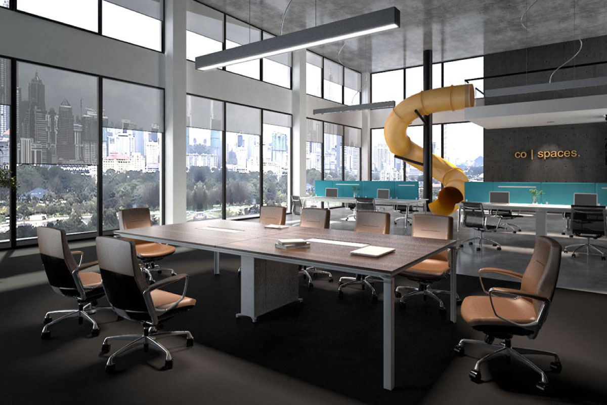 oseries meeting table with artiv workstation in an open space office with slide