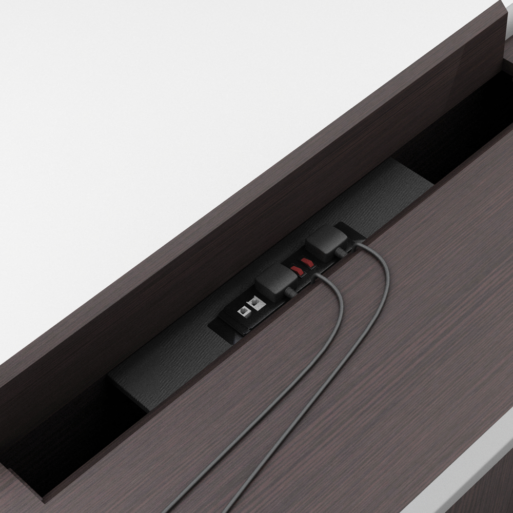 opening of the flap of the Oseries credenza showing the plug points and power sockets
