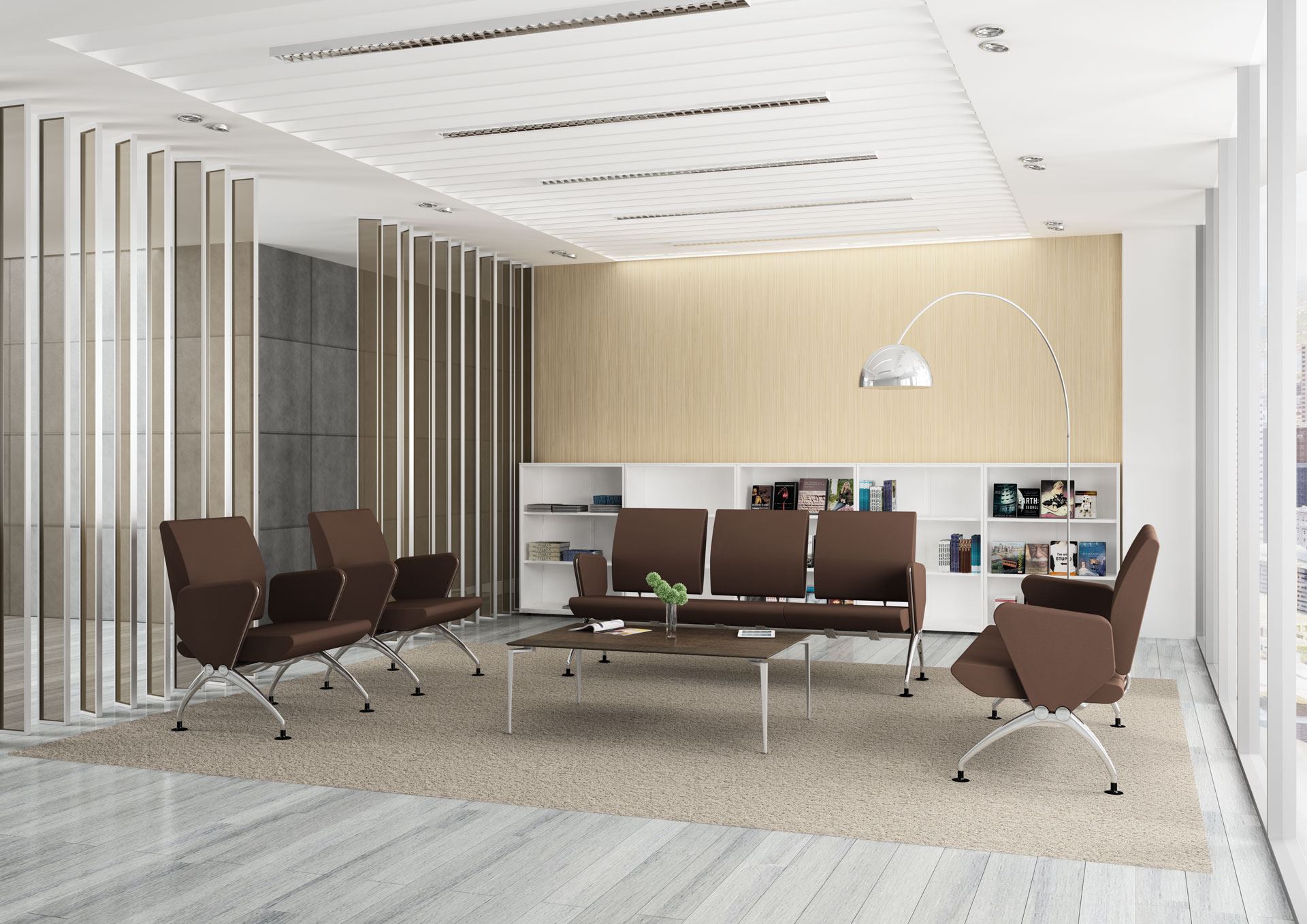 brown fabric zaza sofa with loft coffee table in a modern lobby waiting area