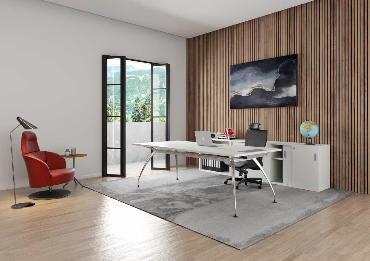 como desking with kaya office chair and swell lounge chair