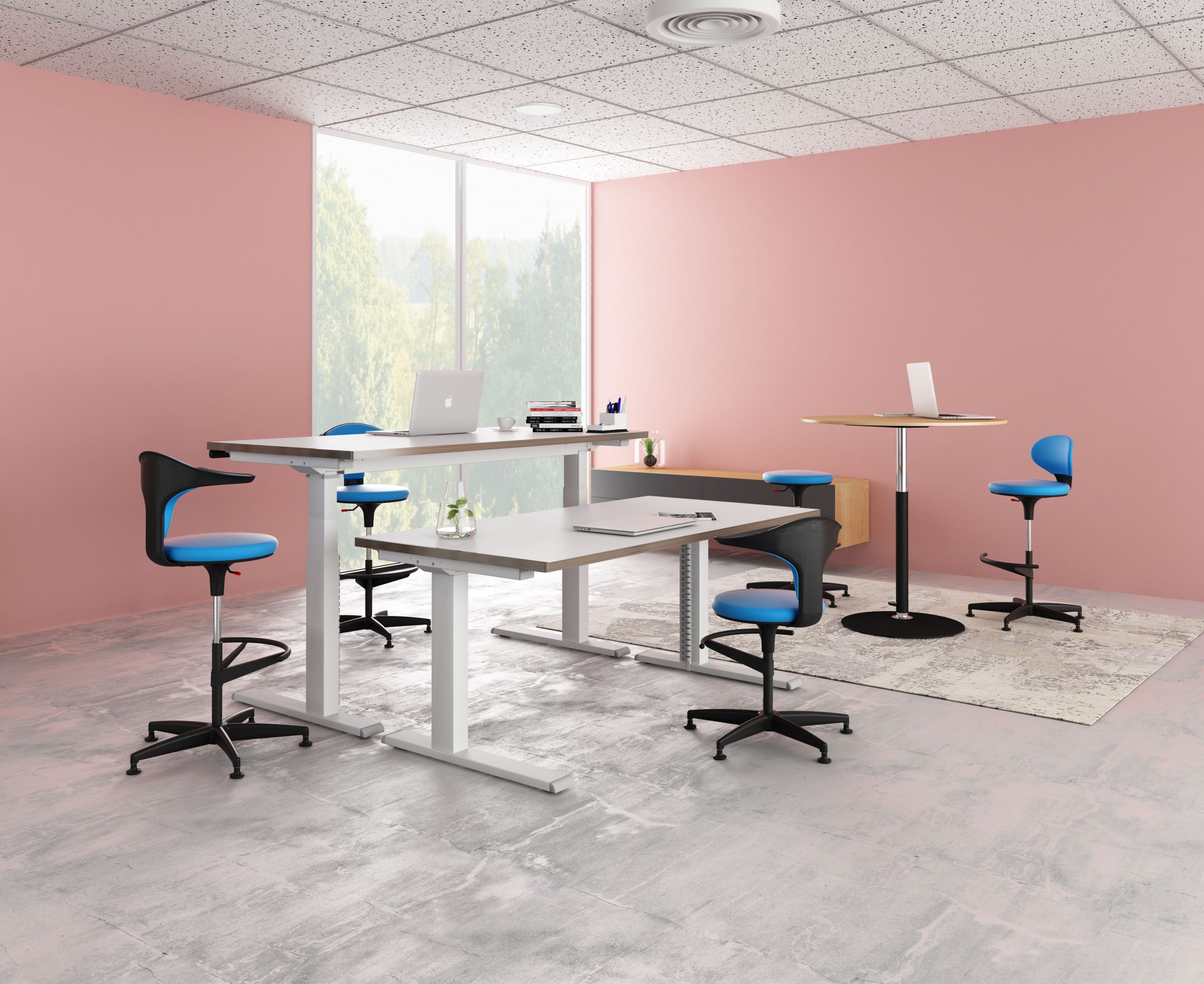 Ginko range of stools with Vertigo 2.0 height adjustable table in a pink wall room