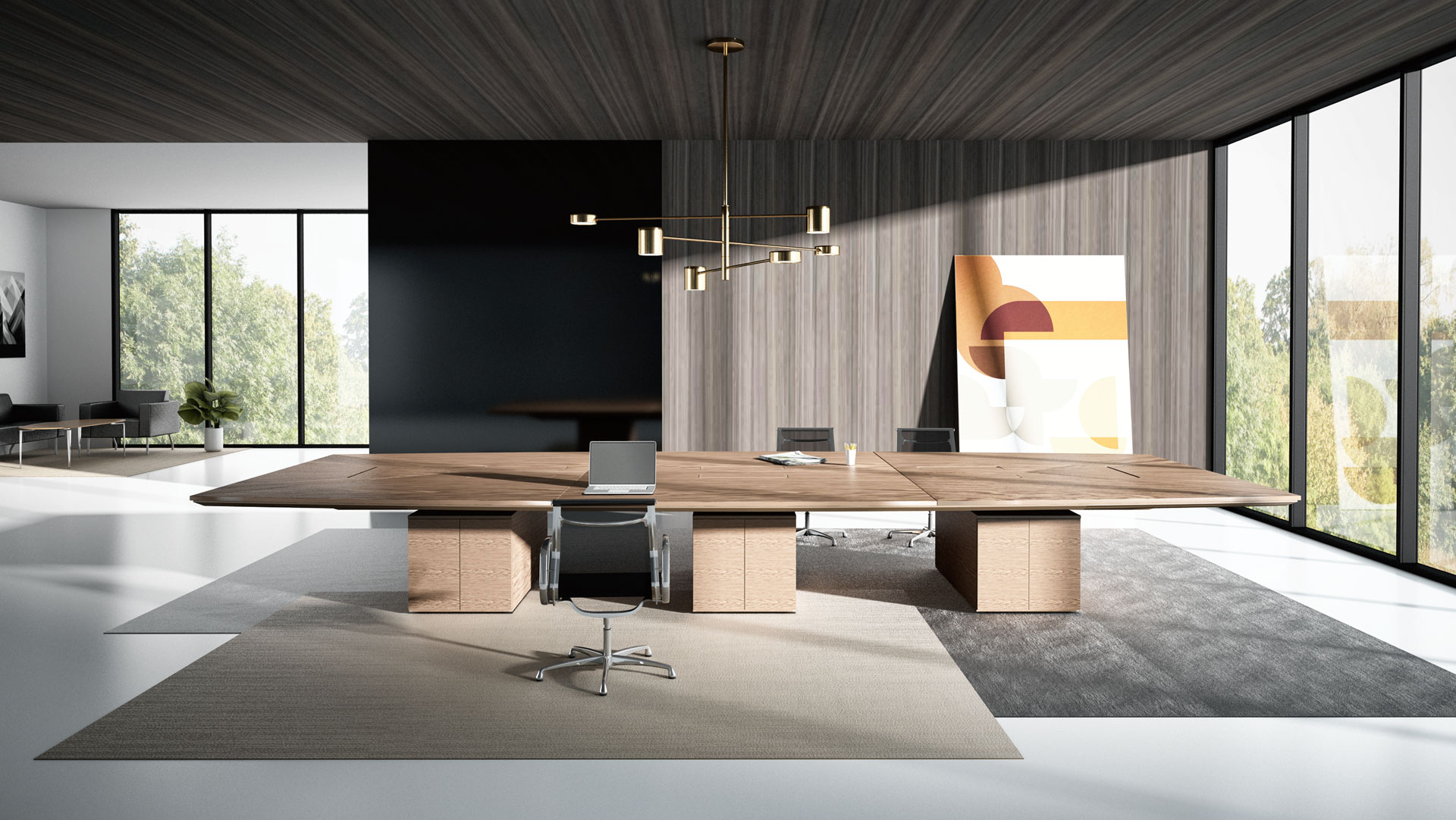 sunburst conference table in an open space interior layout