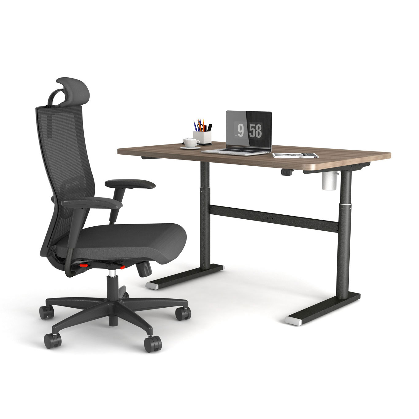 Saya chair in black with Vertigo R single motor height adjustable table