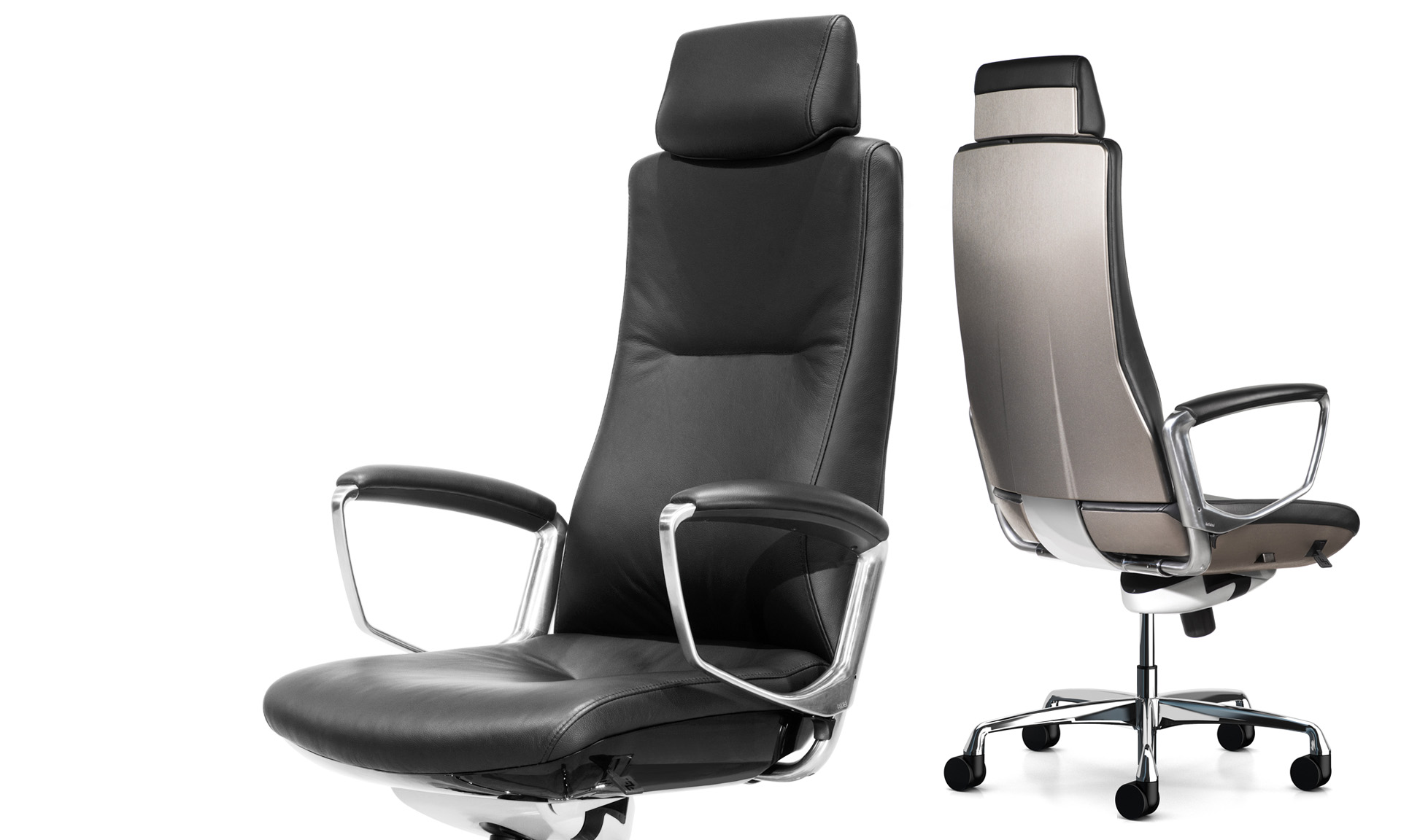 Liven office chair in black leather showing front and back view
