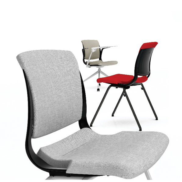 front myko chair in grey fabric with myko chair in red in the middle and myko chair in beige at the back with writing tablet