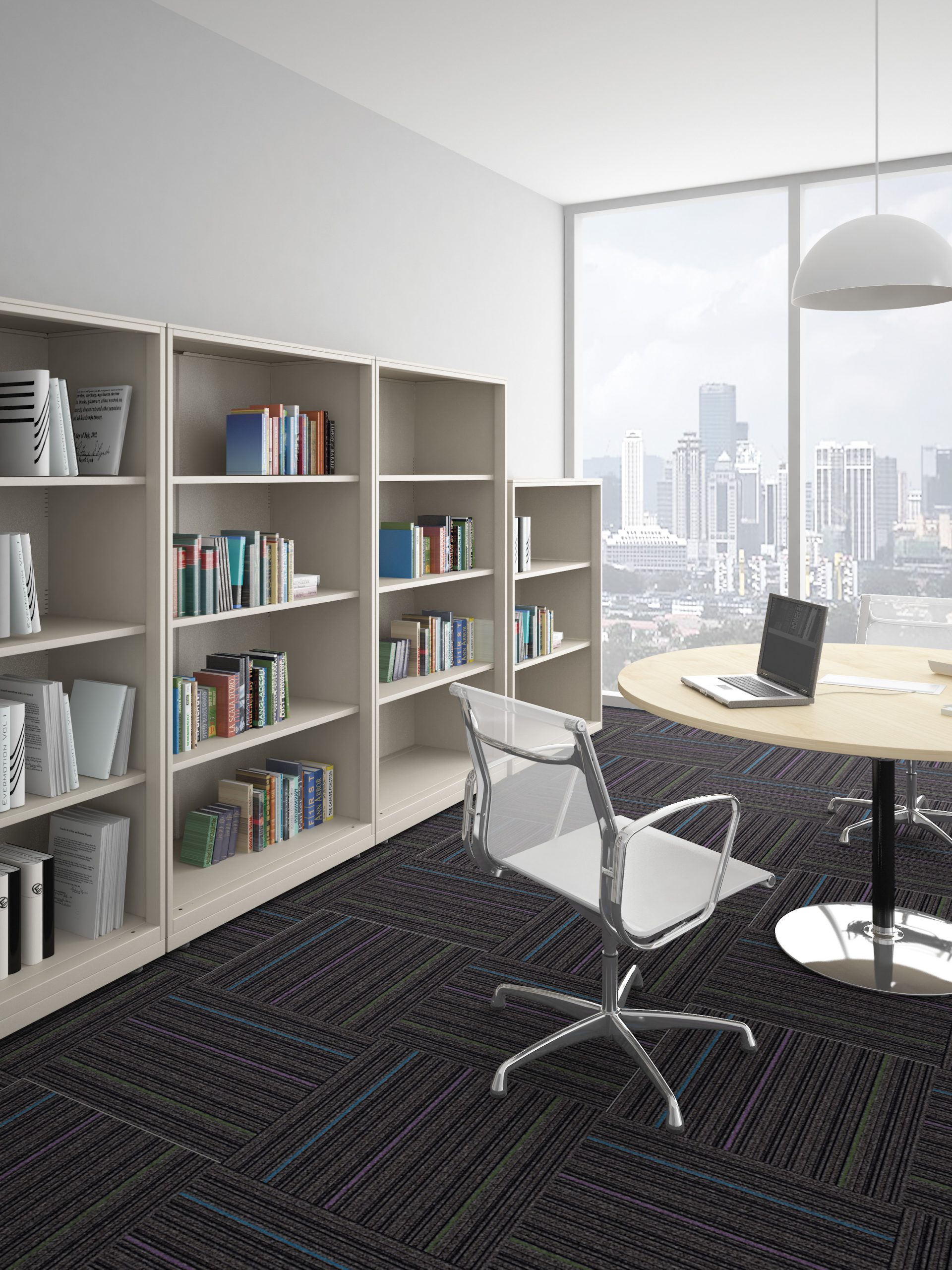 Keep open shelves cabinet with Como Air Talk office chair and Fadz table