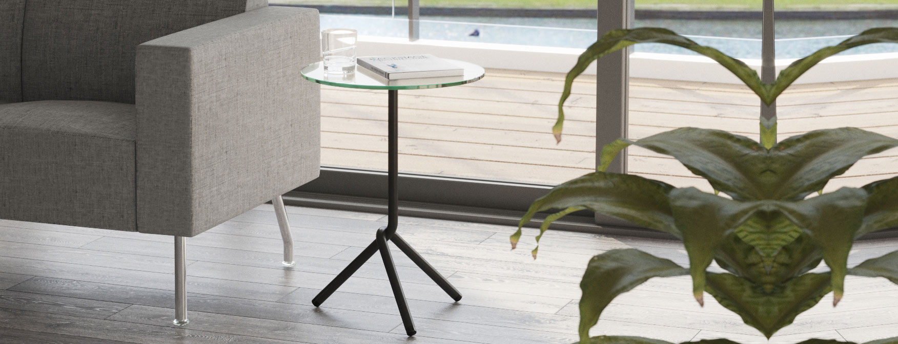 trio side table in glass with virtu sv sofa
