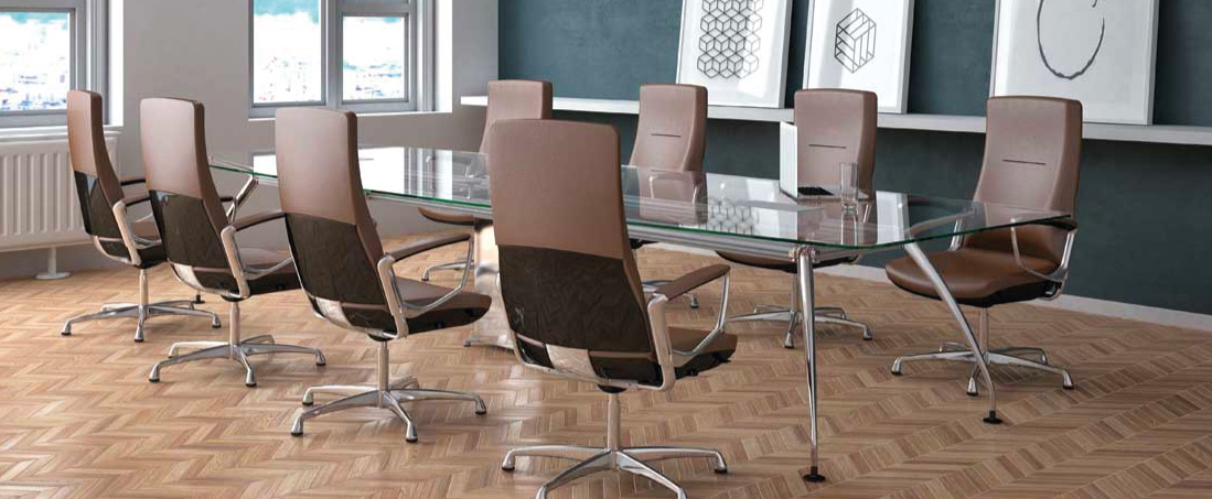 Liven leather office chairs with Como glass meeting table in chrome legs
