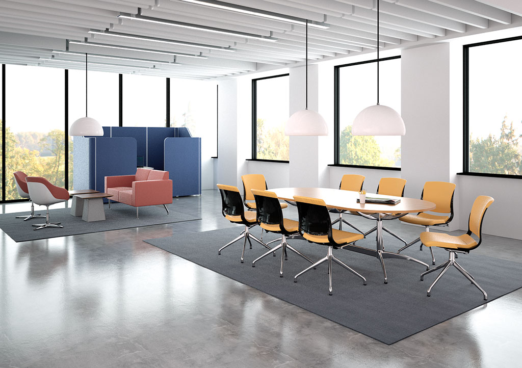 Myko chairs in polished legs with Fadz meeting table. Decibel Meeting pod at the back with Virtu SV sofa