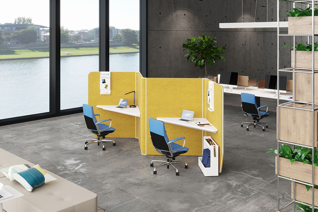 Decibel 43 workpod in yellow fabric with blue Liven chair