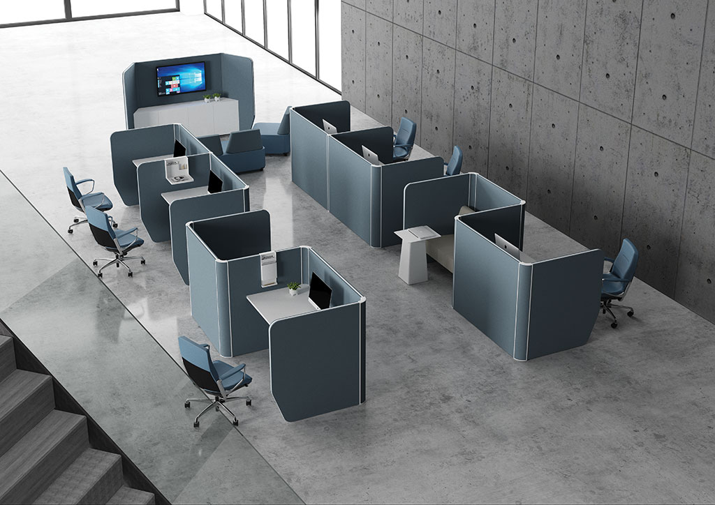 Decibel 43 Workpod and Mediahub in blue fabric combined with Liven chair and Modu sofa