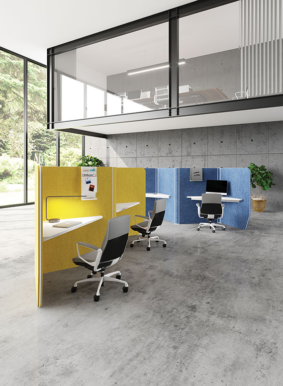 Decibel 43 Workpod in yellow and blue fabrics with Liven office chairs