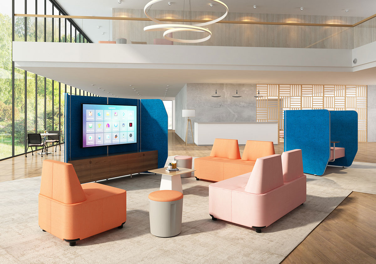 Modu sofas and Mixo coffee tables with Brava media bench in a waiting area