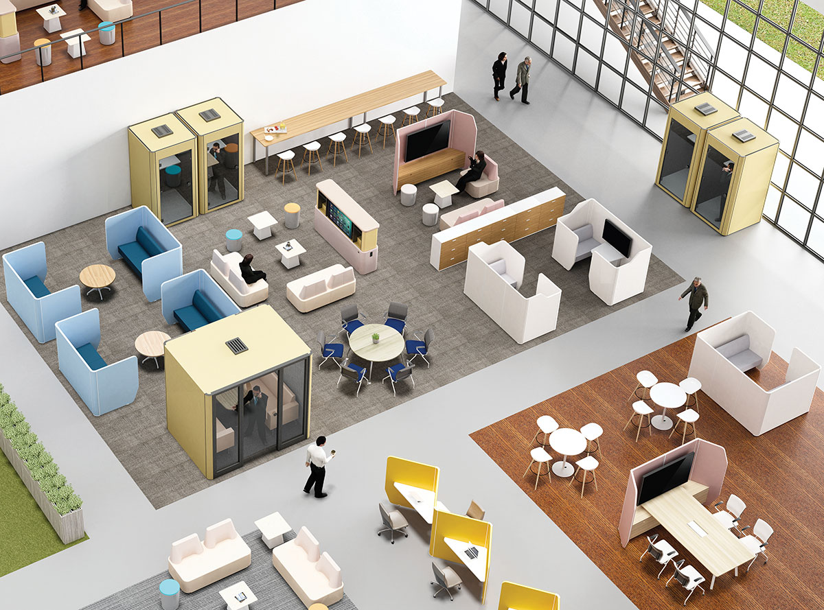 Overview of an open space office with Decibel 43 acoustic solutions furniture