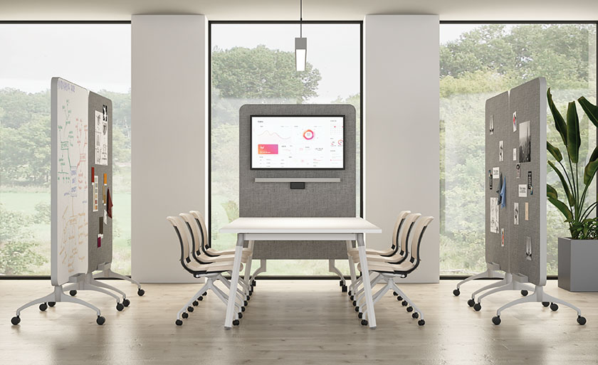 Zones Alpha and Media mobile panels as dividers for a meeting area with Artiv meeting table and Myko chairs