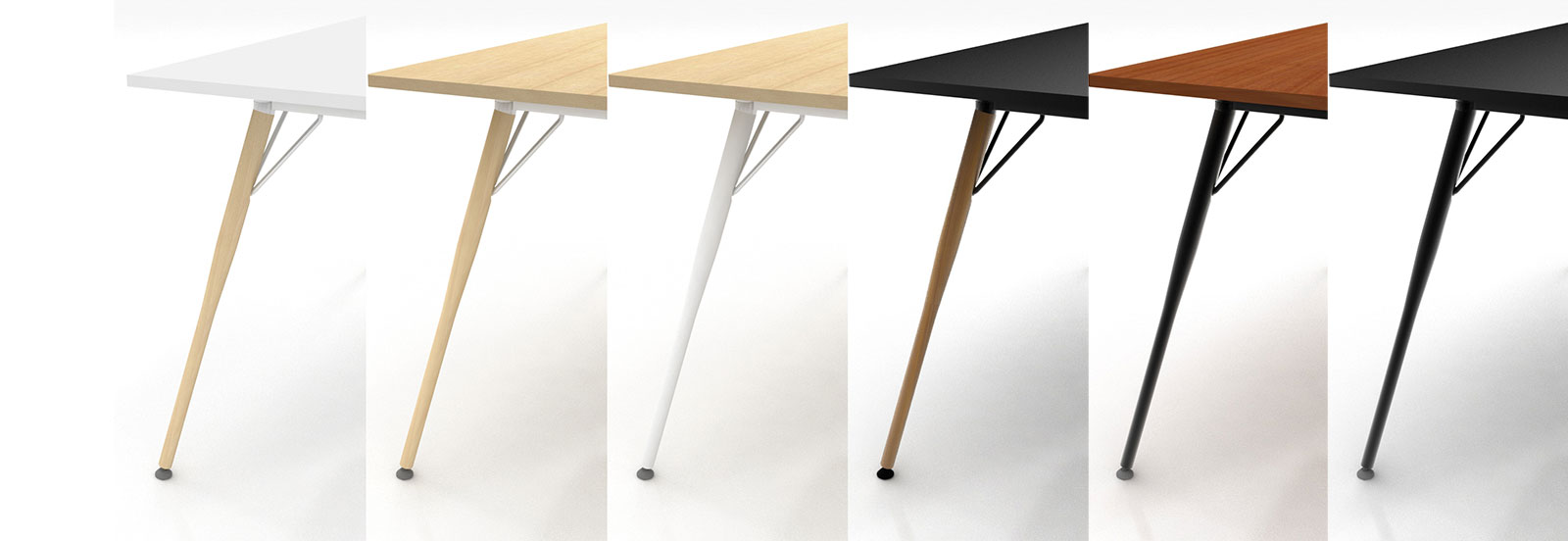 Forum tables in different wood and leg finishes