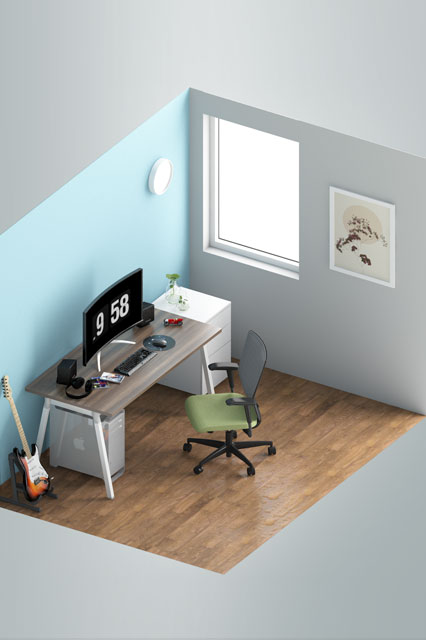Isometric view of a home office room with Artiv table and Presa V2 chair with a wood pedestal