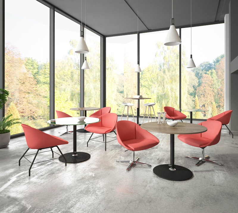 Sable lounge armchairs in red fabrics with Fadz Elevate table in a cafeteria area. Bira stool also used with Fadz Elevate table.