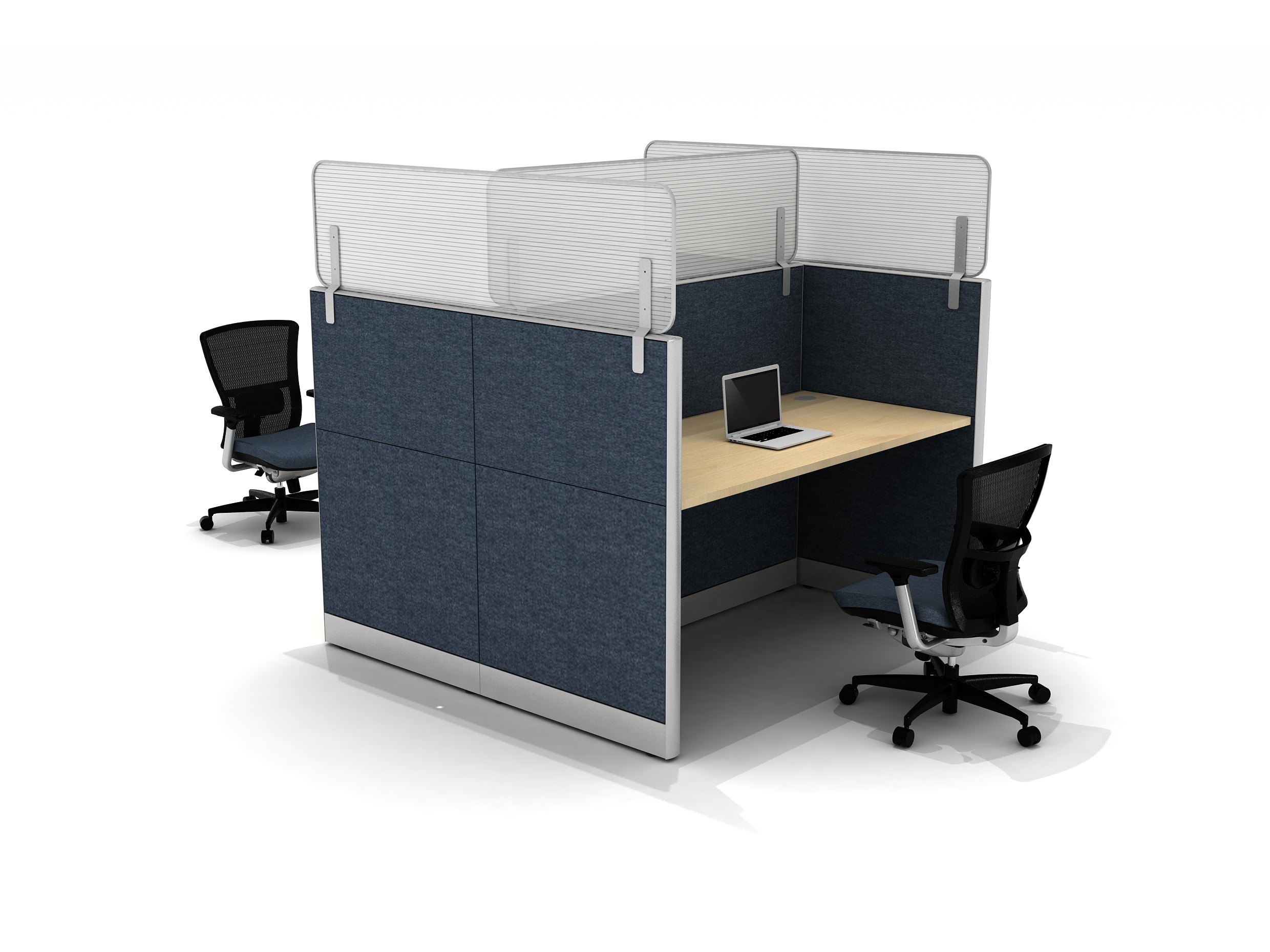 Blue RX2 panel double workstation with addon Shield polycarbonate panels paired with Soul chairs