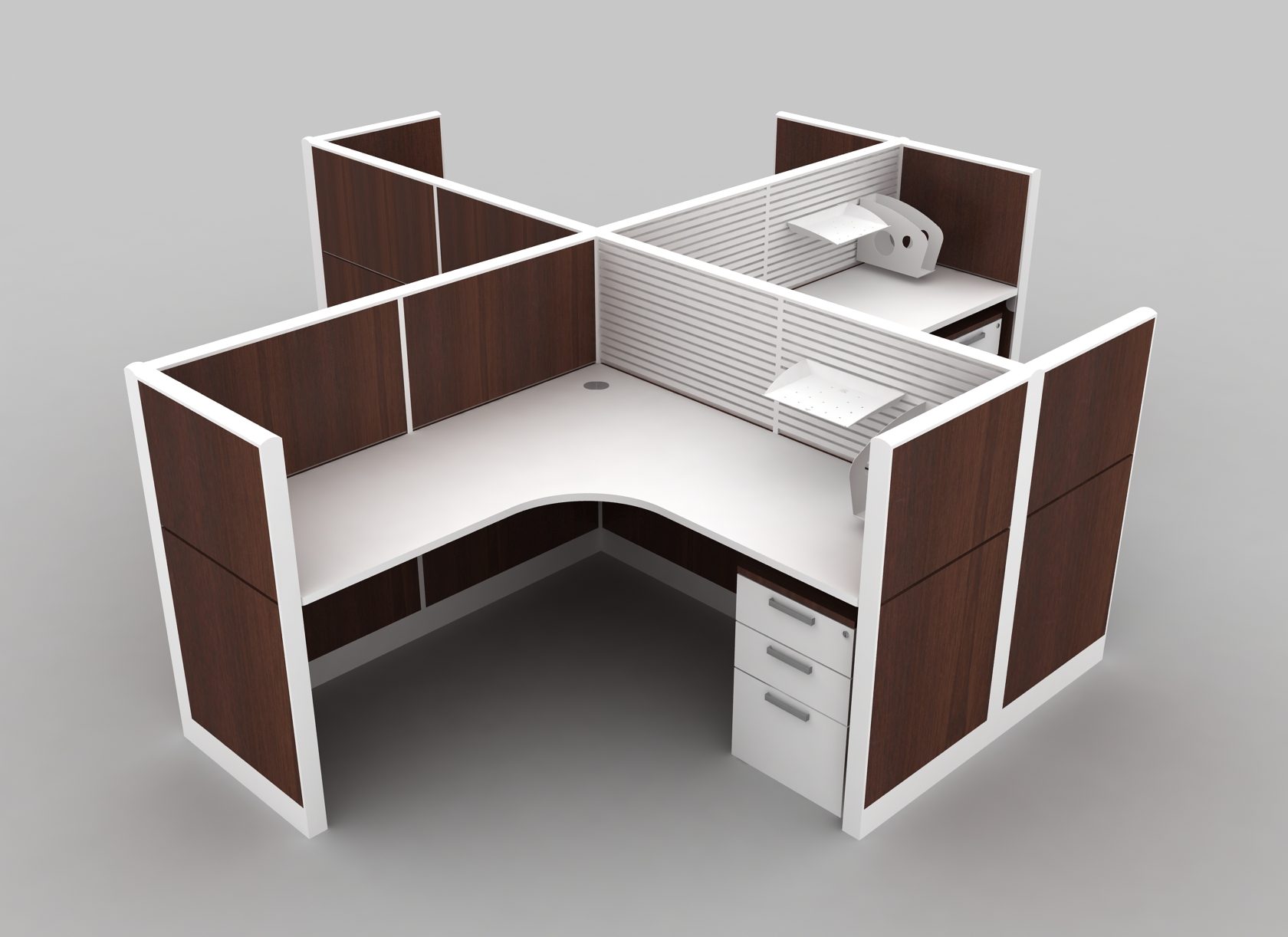 RX2 wood panel partition cubicle for a three men workstation
