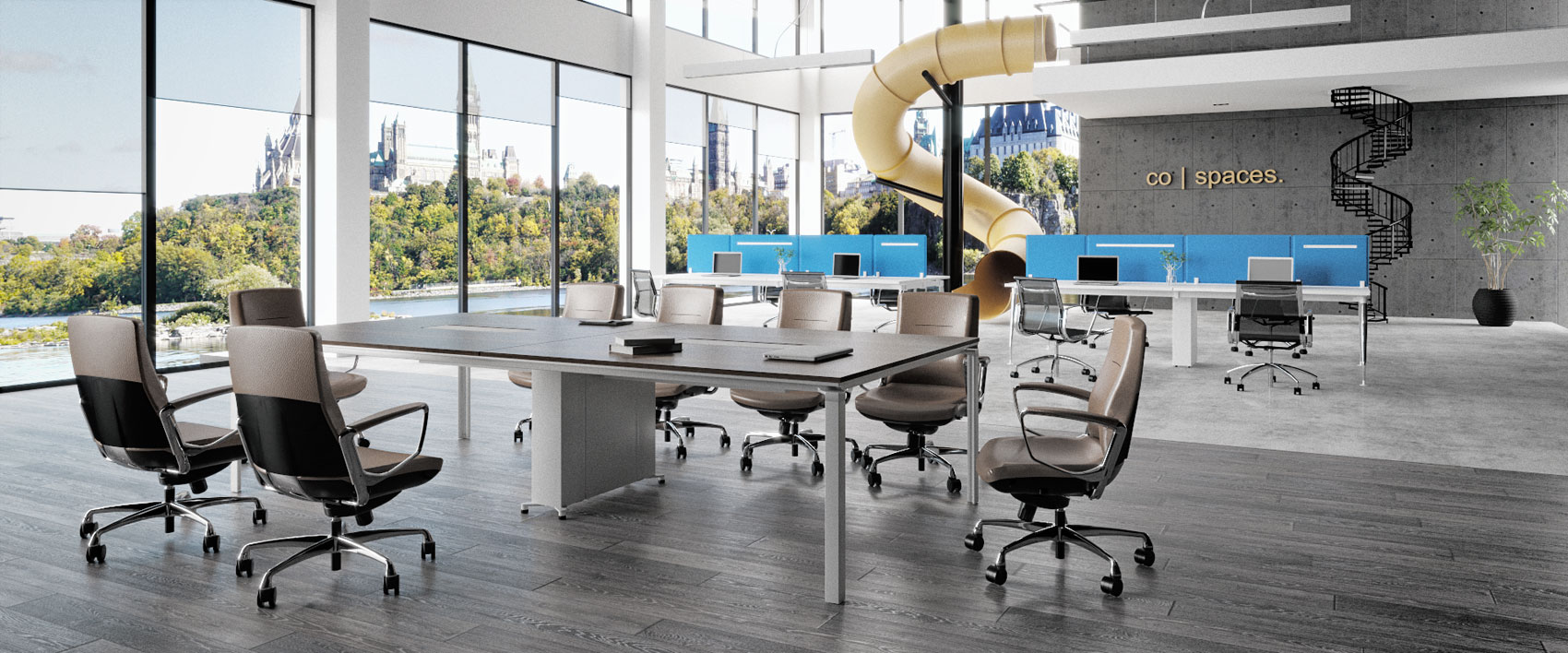 oseries meeting table with liven office chairs in a coworking workspace