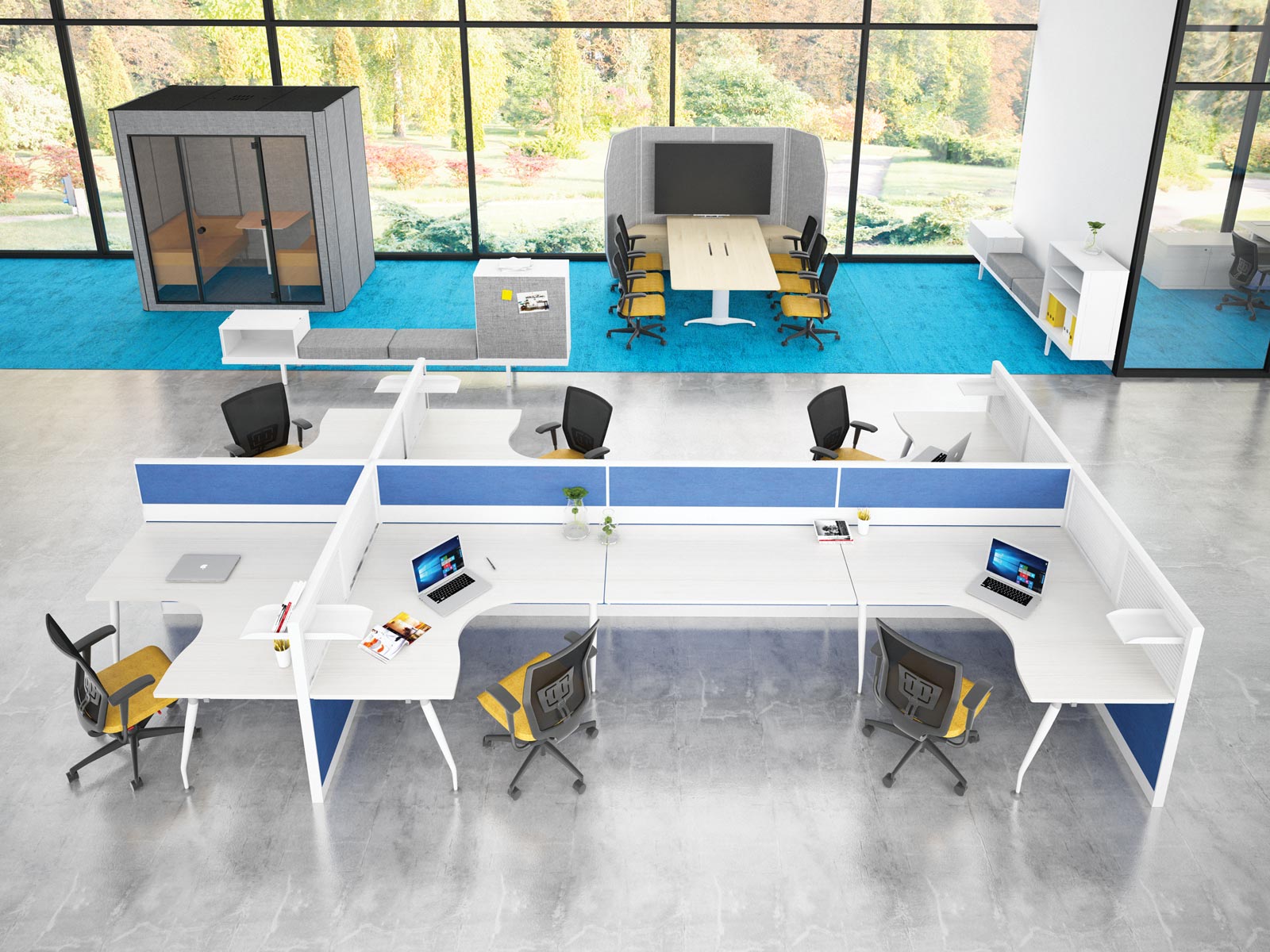 An open space office layout using RX2 panel workstation with Decibel Confab acoustic pod and Mediahub height adjustable table