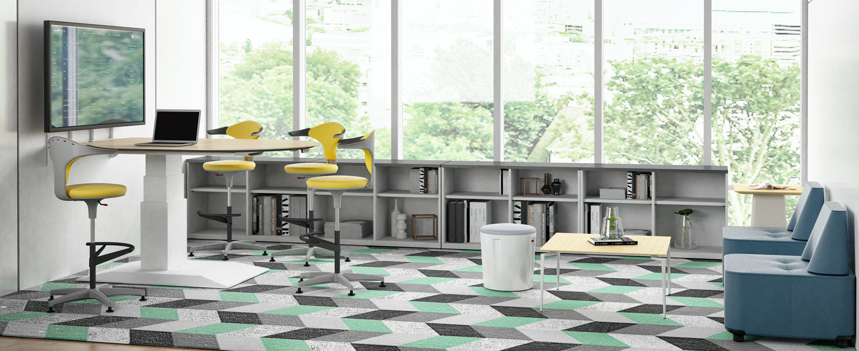 Lift v2 height adjustable table with yellow ginko stools and modu sofa set at the opposite end.