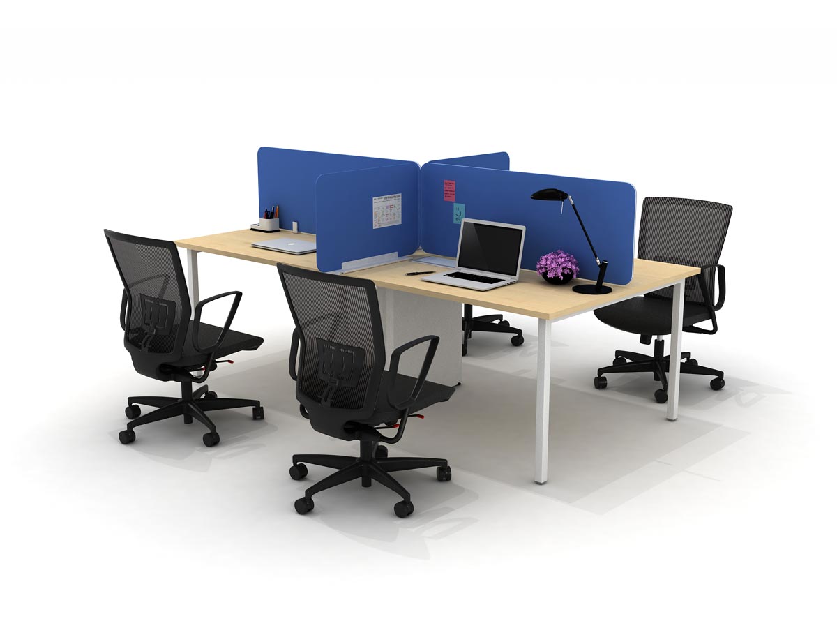 Needs 2.0 cluster of four workstation with blue Radial privacy screens and Presa V2 office chairs
