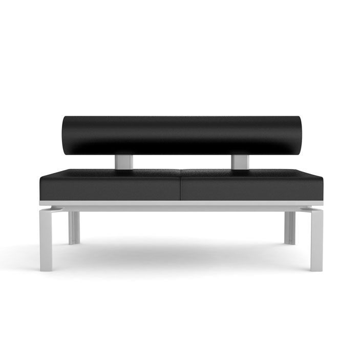 loft sofa double seater in black leather and silver metallic legs