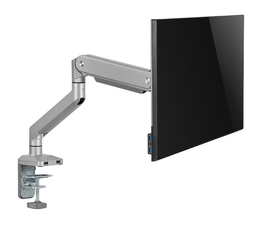 Side view of the monitor arm holding the monitor