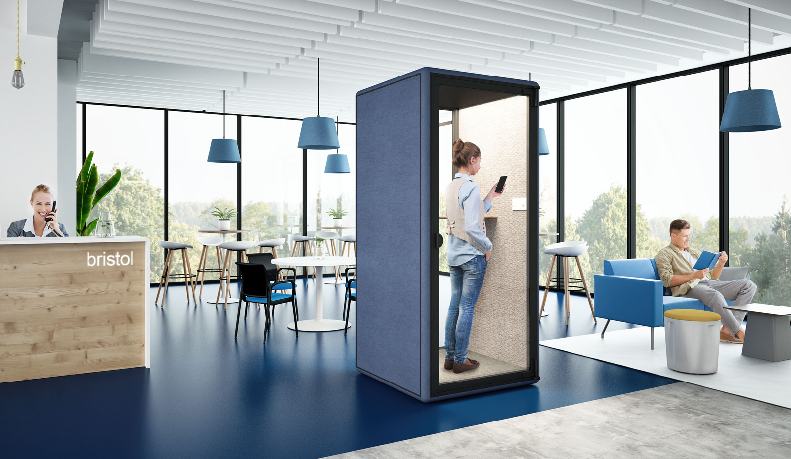 Callpod with dual glass in blue fabric at the reception area beside the breakout lounge