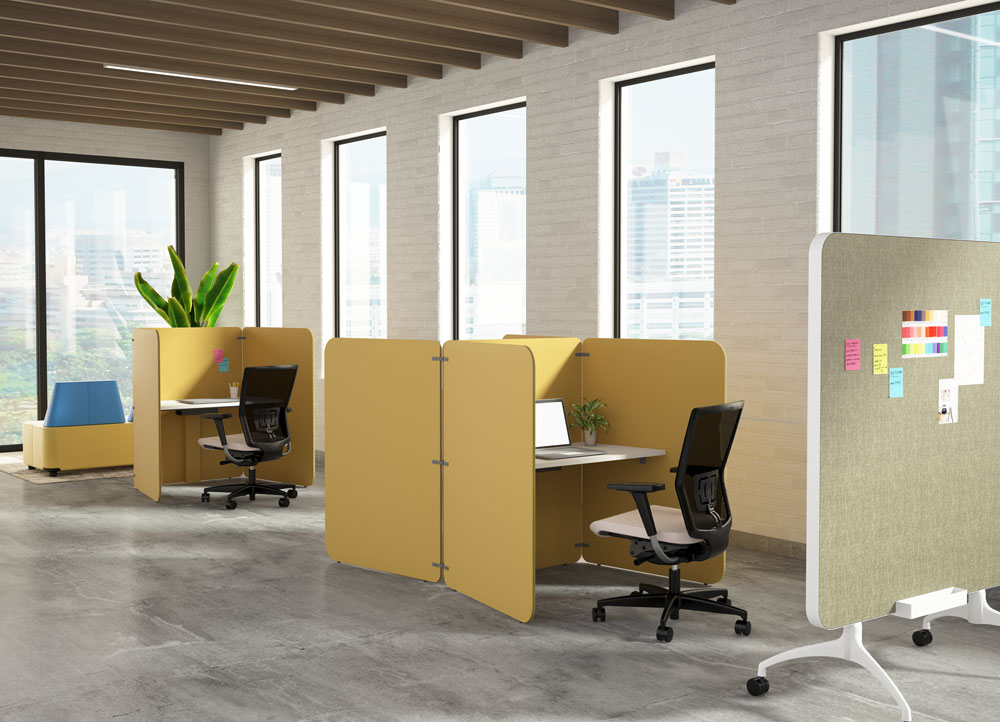 radial pod workstation in yellow fabric with zones alpha mobile panel.