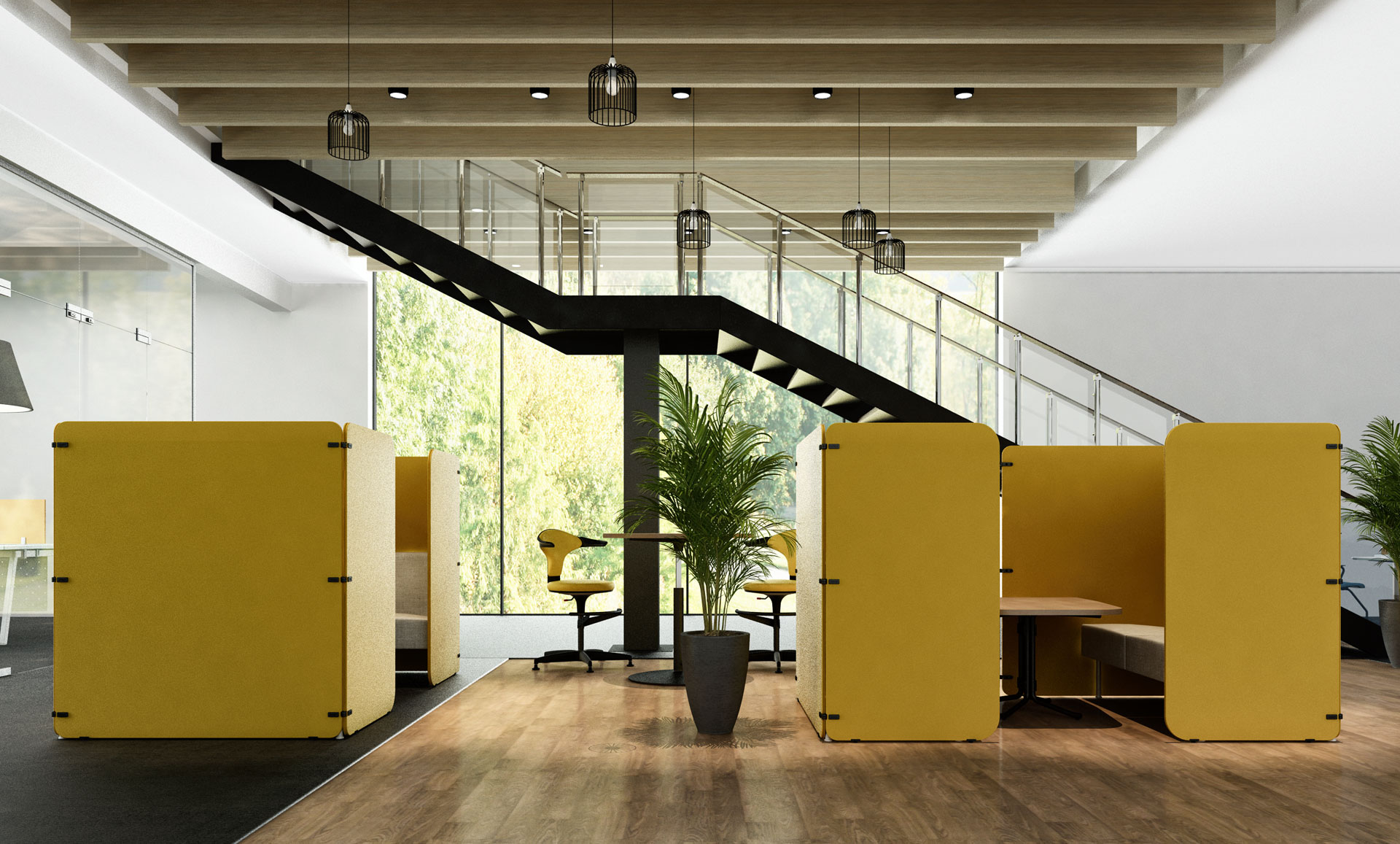 Radial Pod Sit in yellow fabric at a waiting area in the lobby