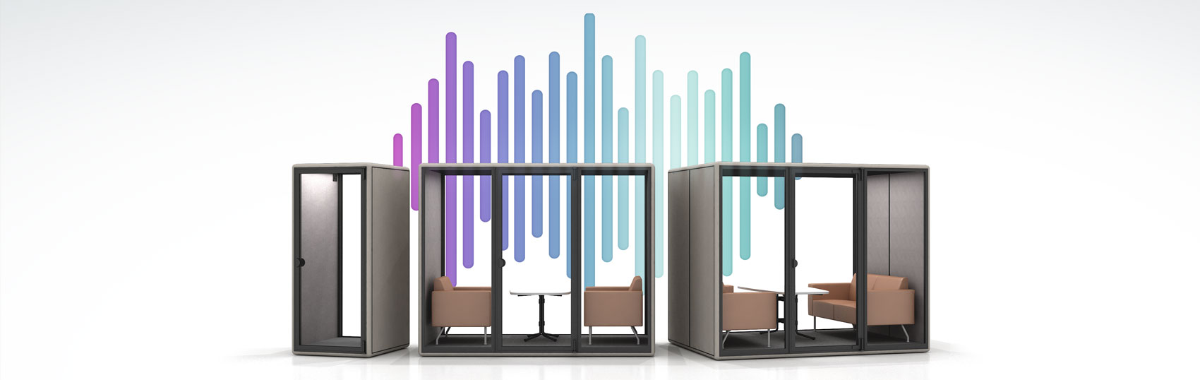 call pod and conference pod infront of a colourful sound wave graphic