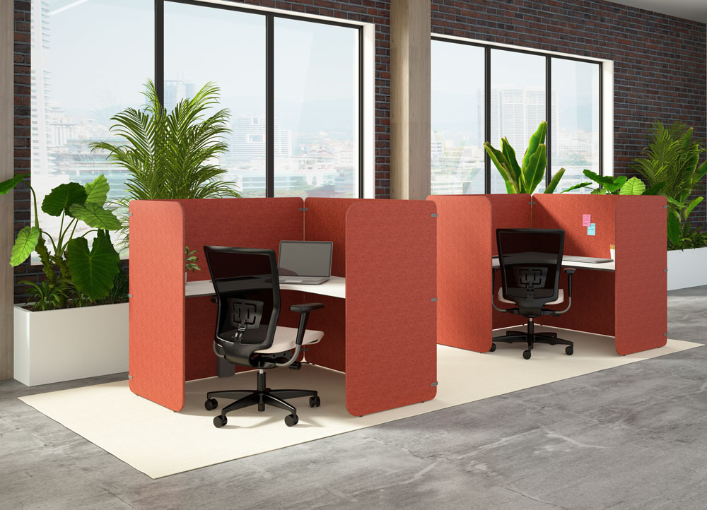 radial pod L shape workstation in red fabric with Presa v2 office chair