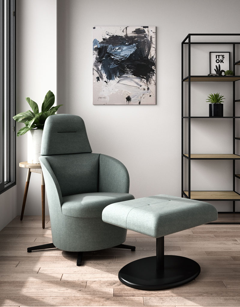Swell rocking armchair with footrest in a living space