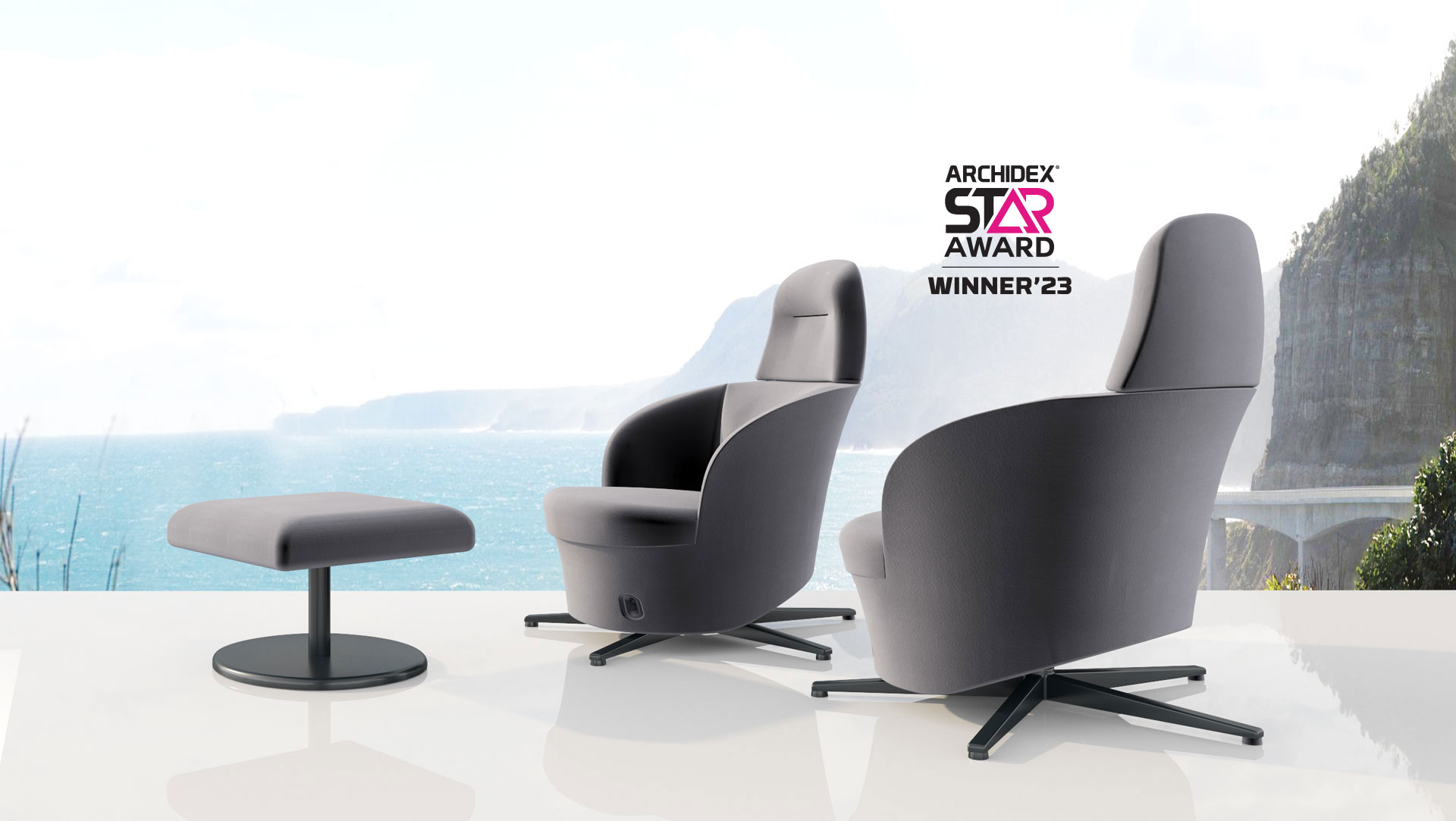 Swell armchair on a glossy floor beside the cliff overlooking the sea with the Archidex Star Award for 2023