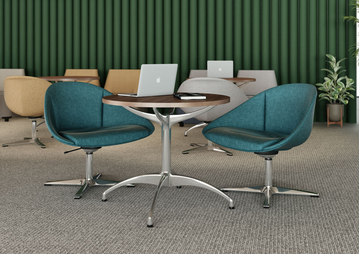 Sable chair in green fabric and chrome base Fadz round table