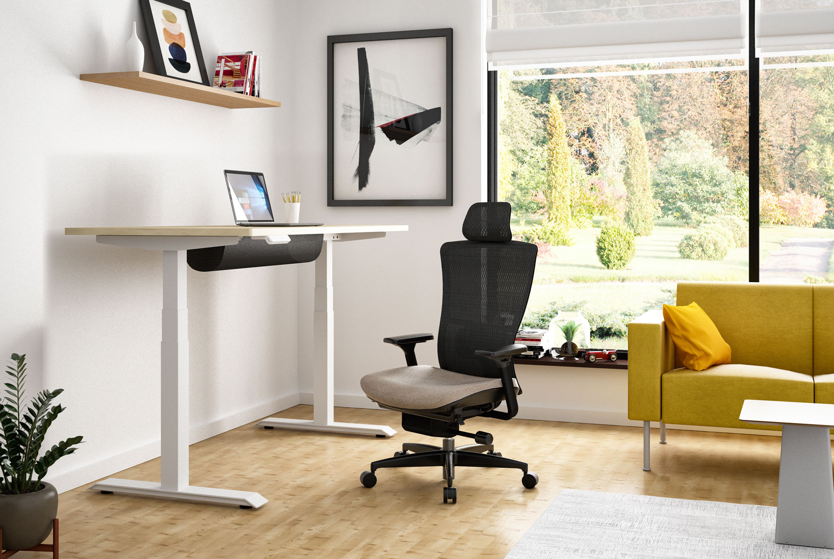 Vertigo Ez height adjustable table in white finish with a Soul V2 office chair and a yellow Virtu SV sofa