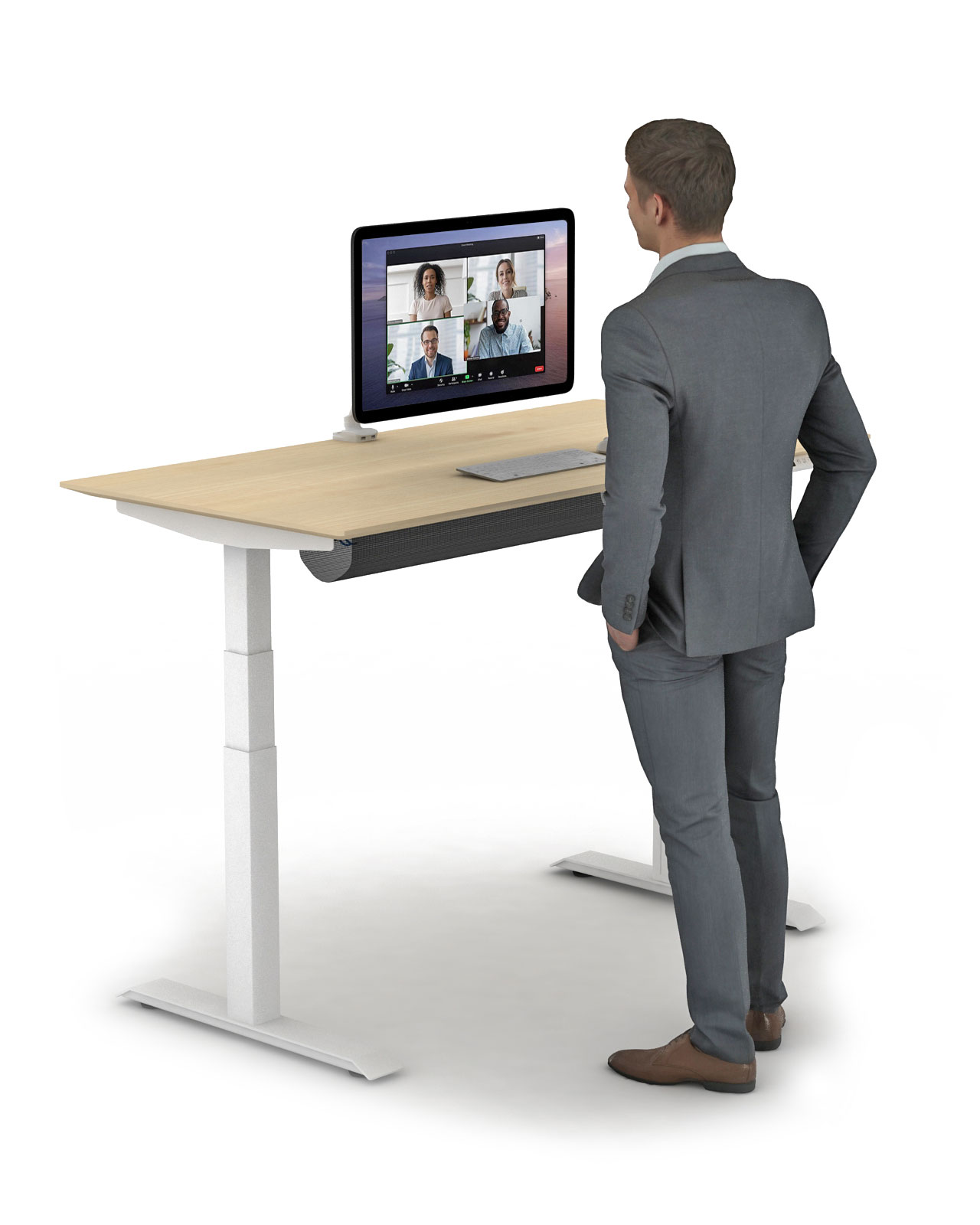 A person standing video conferencing using vertigo ez table.