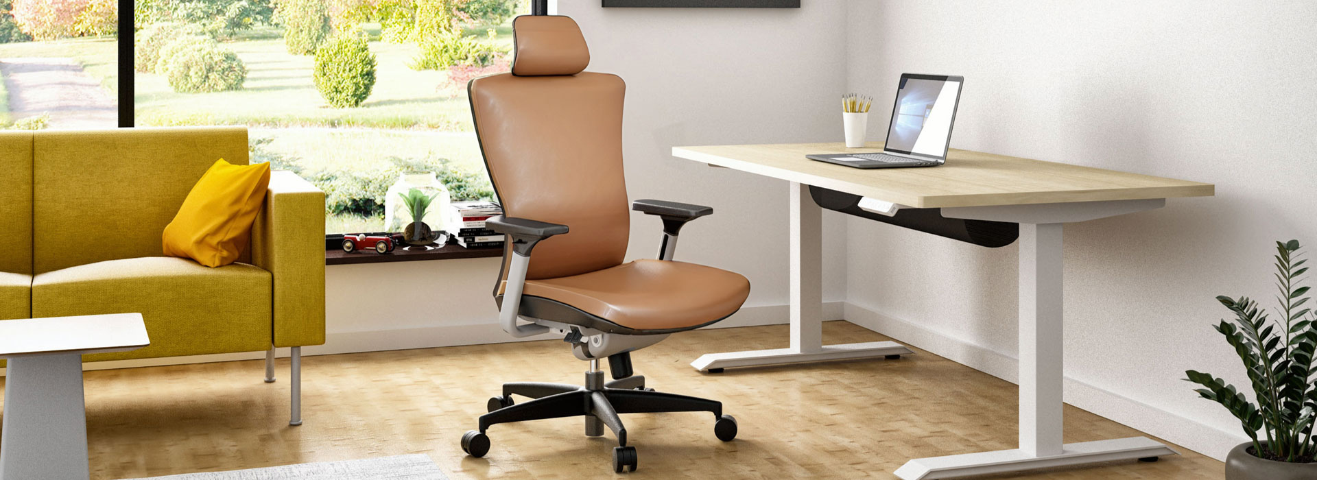 soul premium leather office chair with Vertigo EZ height adjustable table in a living room