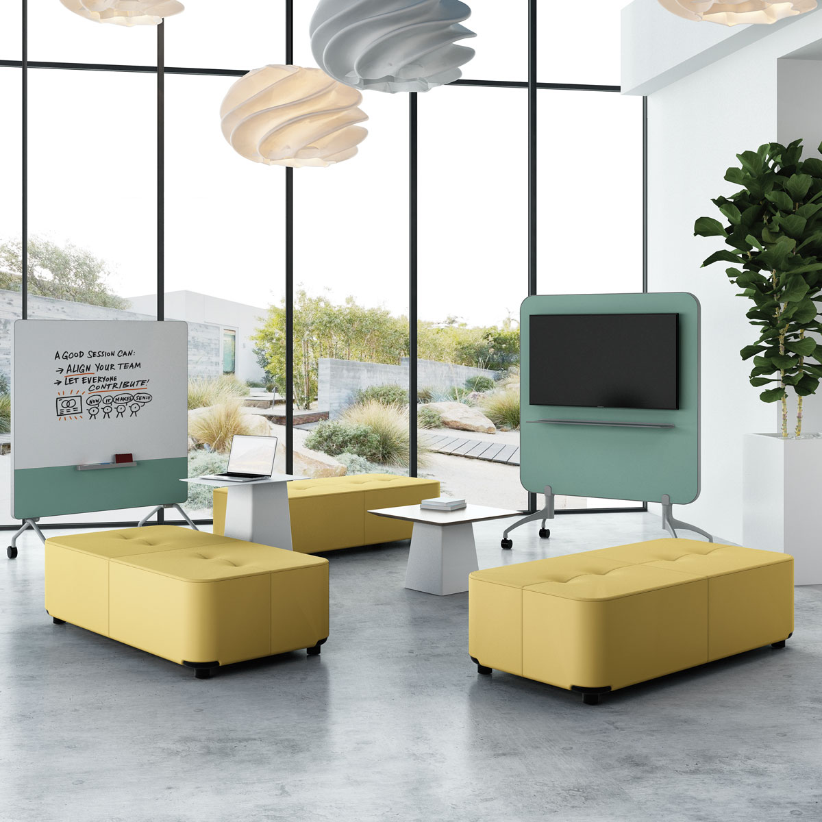 modu in yellow fabric with Zones mobile panel in an open discussion area
