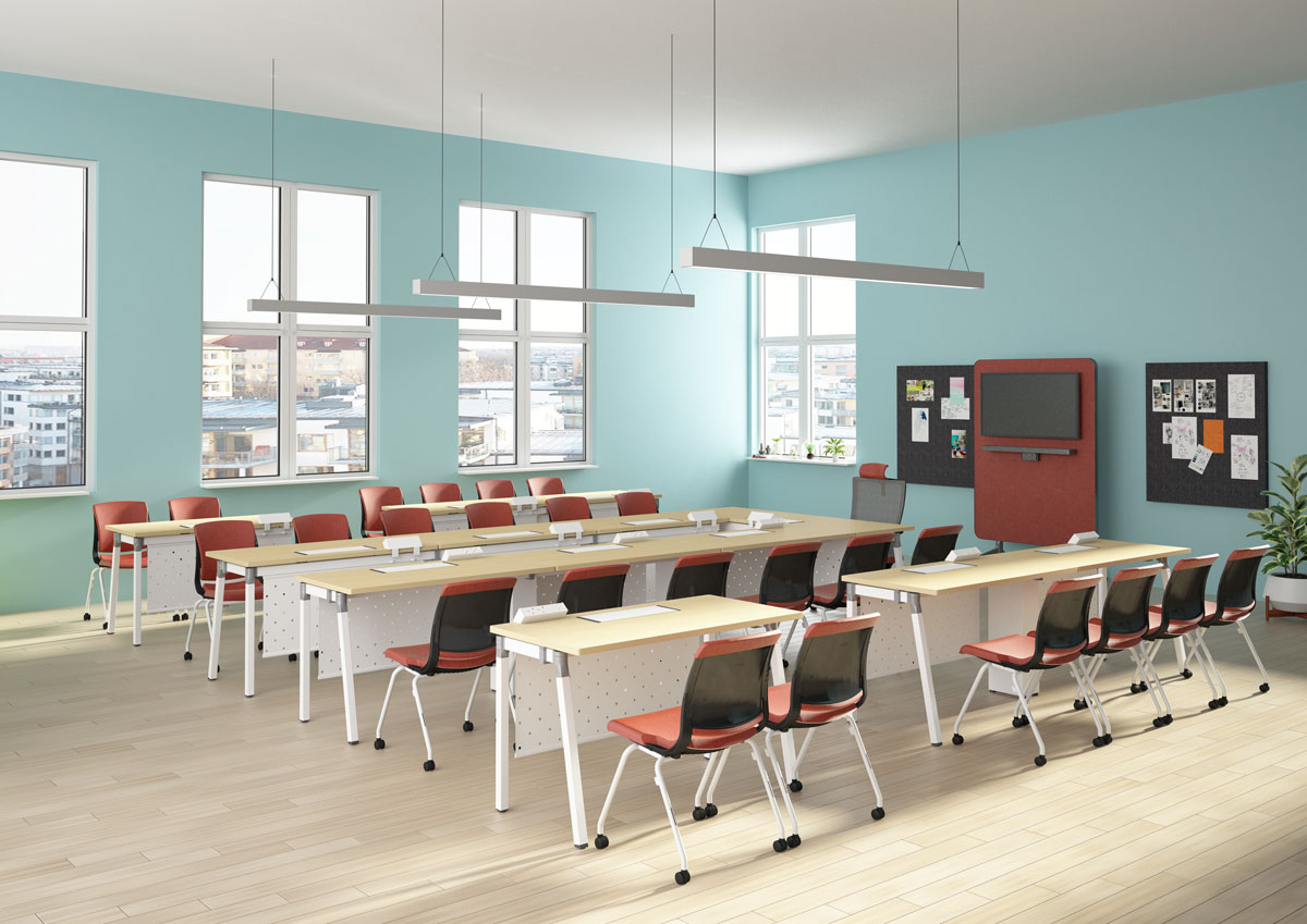 myko four legged without arm training chairs in a classroom with Artiv table